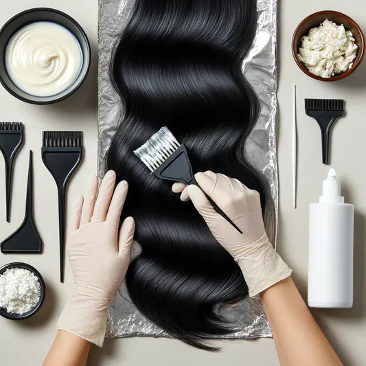 Coloring raw Cambodian hair with bleach application by stylist.