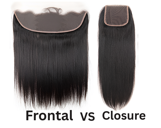 Side-by-side comparison of HD lace frontal and HD lace closure with lace facing up, labeled Closure vs frontal in bold black text – product education image for SB Boutique.