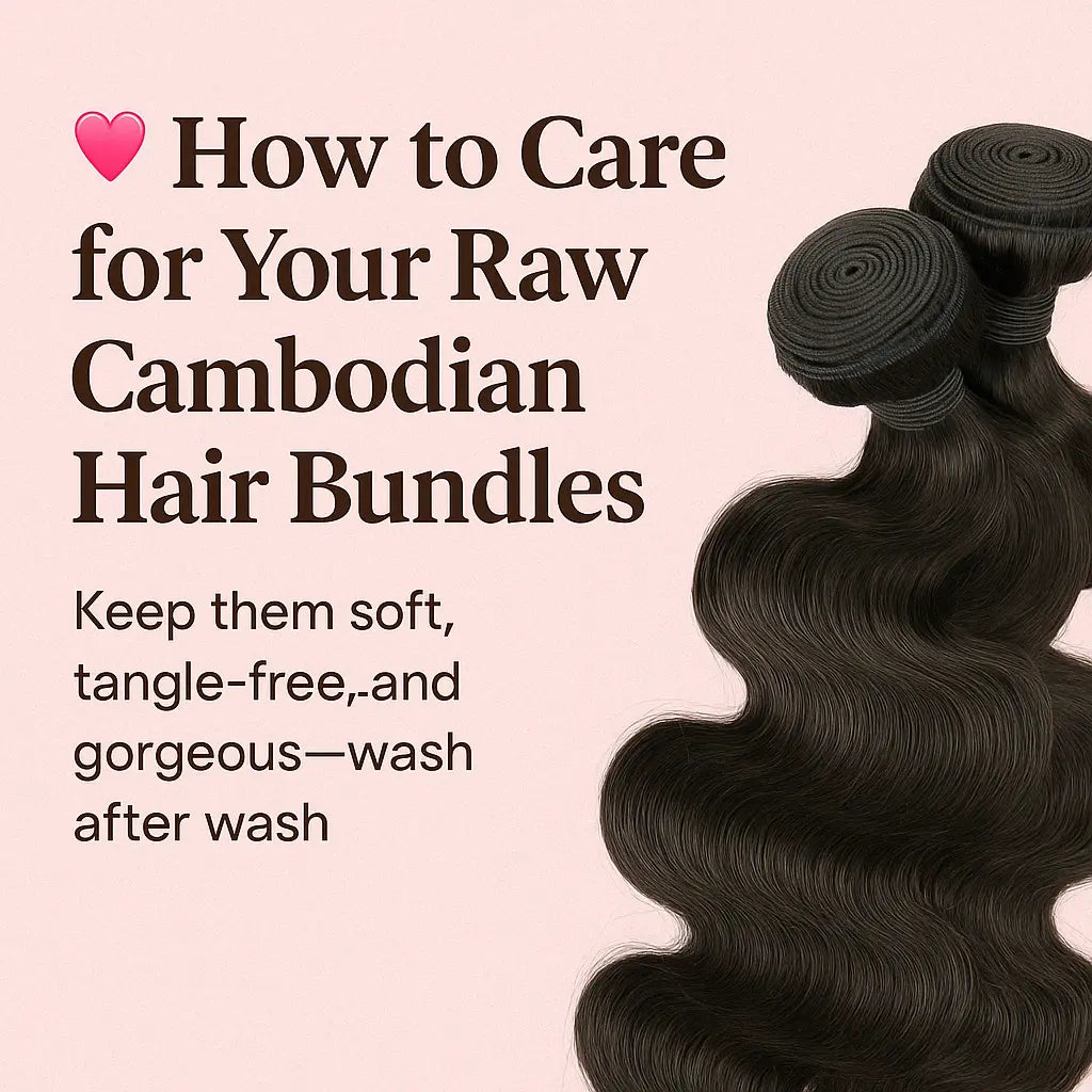 Digital graphic of raw Cambodian hair bundles with the title 'How to Care for Your Raw Cambodian Hair Bundles' on a soft pink background.