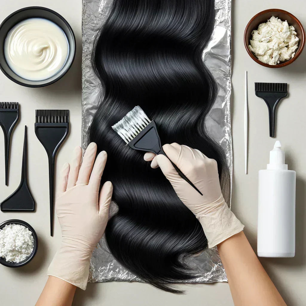 Coloring raw Cambodian hair with bleach application by stylist.