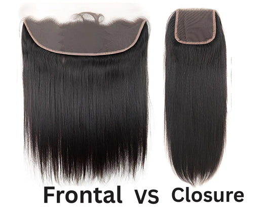 Side-by-side comparison of HD lace frontal and HD lace closure with lace facing up, labeled Closure vs frontal in bold black text – product education image for SB Boutique.