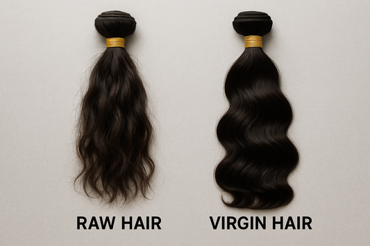 Photo showing the difference between raw hair and virgin hair 