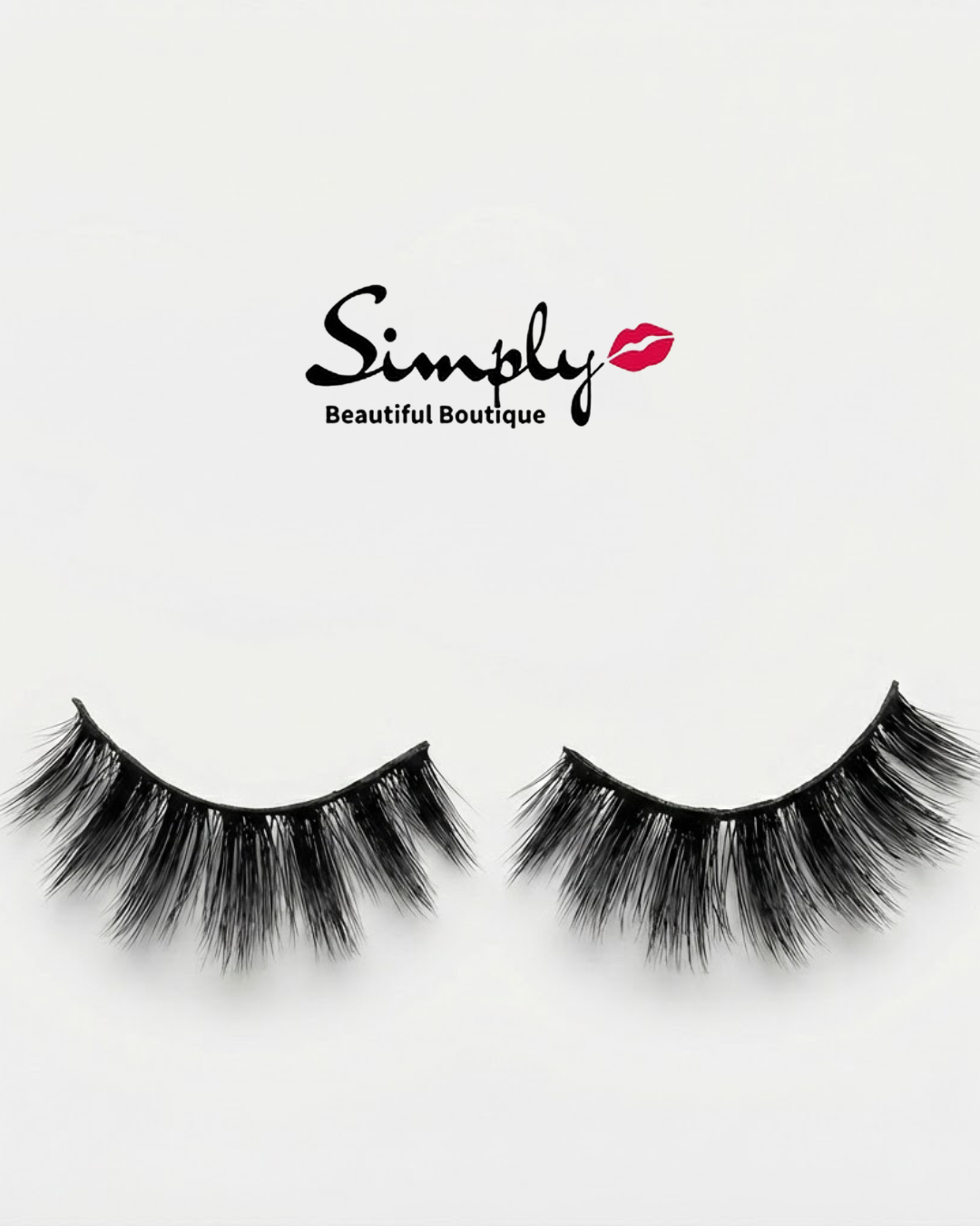 Baddies Strip Lashes. Pair of false eyelashes with 'Simply Beautiful Boutique' logo on a white background
